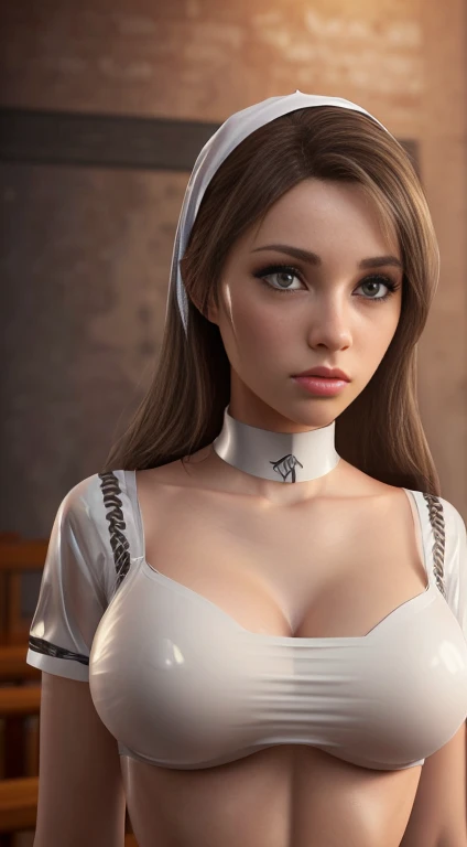 a latex nun, a white latex nuns dress, 1girl, breasts covered by a thin piece of the fabric, micro bikini top, shapely body, in a church, beautiful detailed eyes, beautiful detailed lips, extremely detailed face, long eyelashes, (best quality,4k,8k,highres...