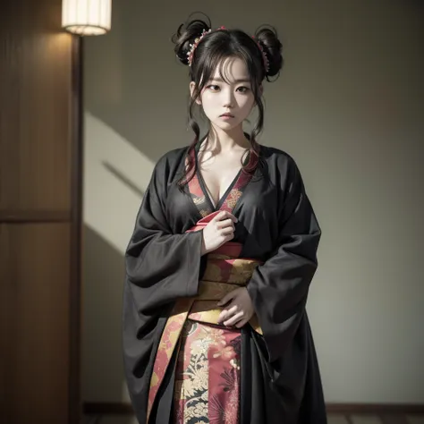 Lisa blackpink actress and kpop idol woman girl more realism in hair and clothing Visualize Noritoshi Kamo from Jujutsu Kaisen turned into a woman with a red haori over a black kimono, with loose and wavy hair, decorated with a jade headband wears a tradit...