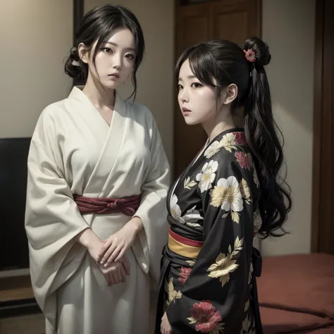 Lisa blackpink actress and kpop idol woman girl more realism in hair and clothing Visualize Noritoshi Kamo from Jujutsu Kaisen turned into a woman with a red haori over a black kimono, with loose and wavy hair, decorated with a jade headband wears a tradit...