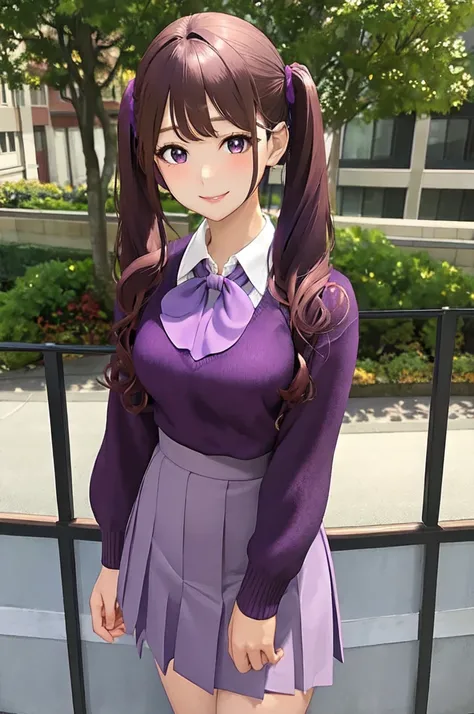 masterpiece, best quality, detailed face, detailed eyes,  HUDaniela, purple hair, brown eyes, medium breasts, skirt, sweater, twintails, smile, ascot, standing, school, outdoors, desnuda sexy front 