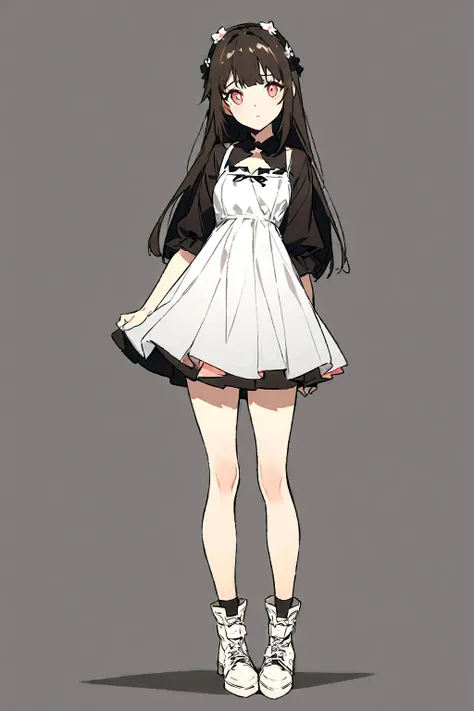 anime girl in a short dress and white shoes posing for a photo, anime girl wearing a black dress, anime full body illustration, Girls Frontline style, fine-details. Girls Frontline, from Girls Frontline, cute anime waifu in a beautiful dress, full-length p...