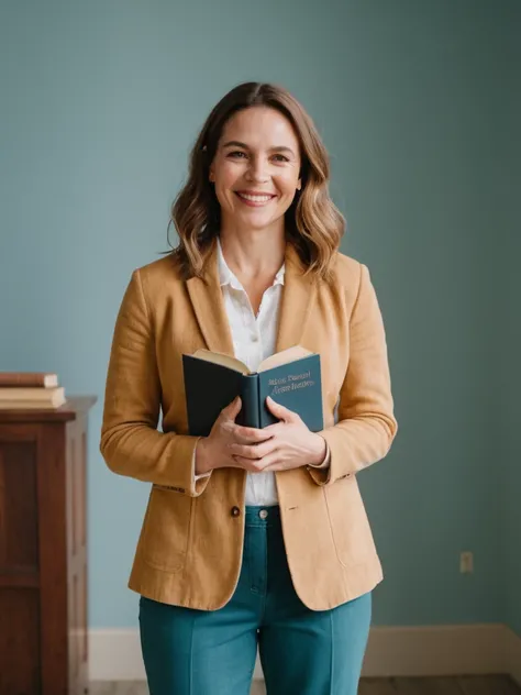 a woman standing and holding a book, smiling