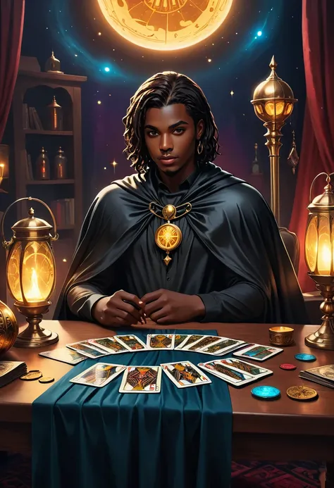 impressionism, practical, 1 boy, fortune teller, tarot cards on the table, black cape，looking at the audience, dark skin, myster...