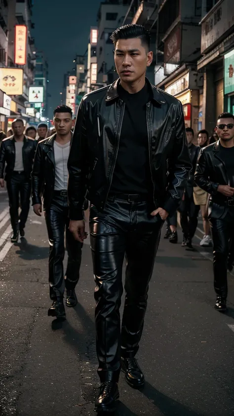 A handsome Hong Kong mafia boss is walking coolly with a gang of mafia, wearing a shiny black leather jacket, Undercut hair is combed neatly, night road background, real photo, professional photo, clear photo, realistic photo, full HD, 4k 