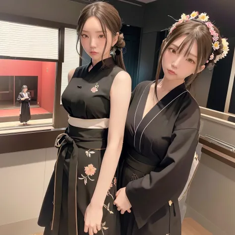 Lisa blackpink actress and kpop idol woman girl more realism in hair and clothing Visualize Noritoshi Kamo from Jujutsu Kaisen turned into a woman with a red haori over a black kimono, with loose and wavy hair, decorated with a jade headband wears a tradit...