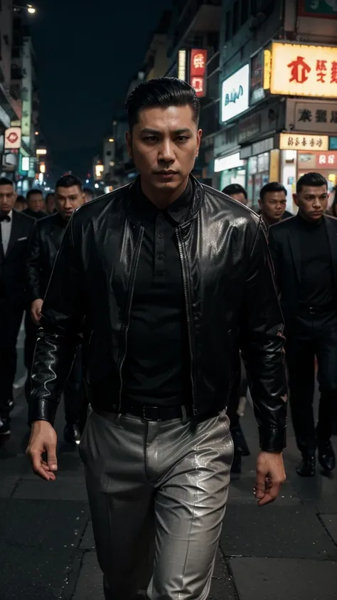 A handsome Hong Kong mafia boss is walking coolly with a gang of mafia, wearing a shiny black leather jacket, Undercut hair is combed neatly, night road background, real photo, professional photo, clear photo, realistic photo, full HD, 4k 