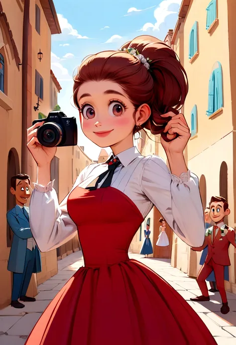 A woman in a red dress ties her hair in a ponytail and a man in a white shirt. Taking pictures at the wedding. A cartoon character in the style of disney+ pixar,