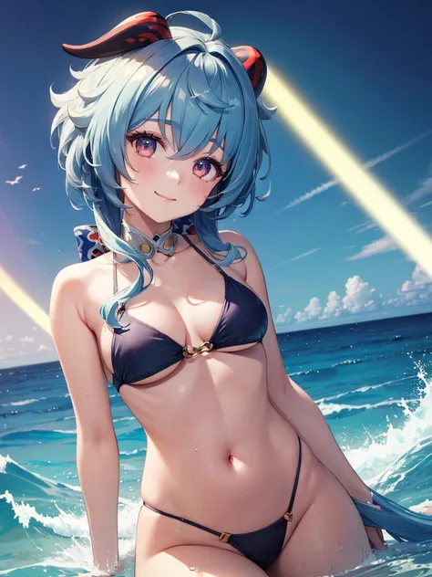 (masterpiece:1.5),(Beat quality),(high res),1girl solo,beautiful face,smile(shining eyes),upper body,light effects,Swimsuit Ganyu,Ocean