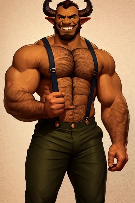 mature man, (male focus:1.2), muscular, gentle smile BREAKING (mature man:1.3), (muscular:1.3), orc,0rc, brown skin, (casual:1.4) balance, Straight shot, shirtless, suspenders, one single demon horn on the left side, beard on the chin, mesdy curled hair