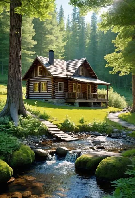 a charming log cabin, nestled amidst a serene forest, stands proudly by a babbling brook. sunlight filters through the trees, ca...