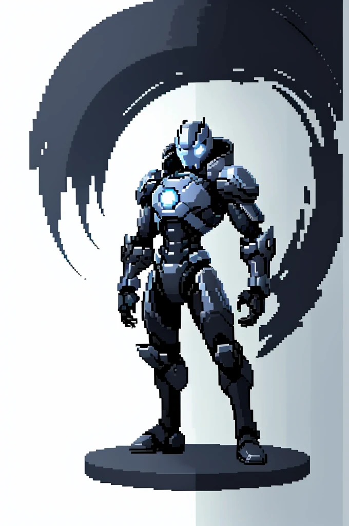 white background, ultra detailed, game protagonist, pixel art, humanoid black and gray slender mecha robot character using a cloak and floating like ironman, from sidescroller game