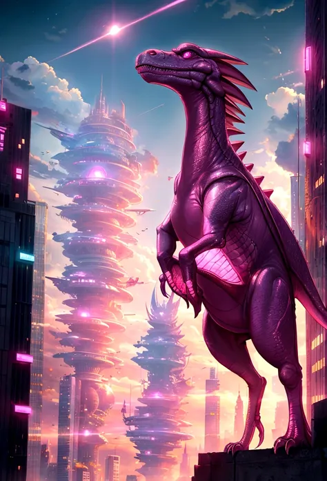 a pink dinosaur appears in a futuristic city