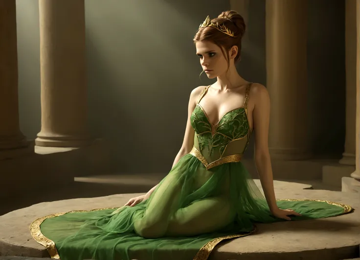 The Damsel in Distress (Kate Mara 25, sheer green dress gold trim, nude underneath) Damsel is flattering the dragon in its lair. Damsel is scratching Dragons head to calm it
