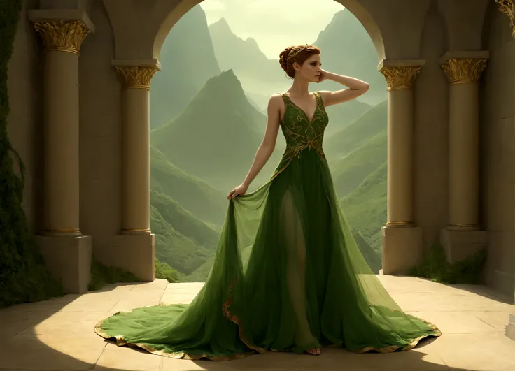 The Damsel in Distress (Kate Mara 25, sheer green dress gold trim, nude underneath) Damsel is flattering the dragon in its lair. Damsel is scratching Dragons head to calm it
