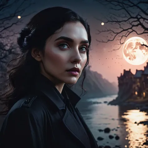 a dark-haired woman in a black trenchcoat, detailed face, beautiful eyes, elegant pose, full moon night, fantasy landscape, dramatic lighting, moody atmosphere, muted color palette, cinematic composition, intricate details, ethereal, mystical, (best qualit...