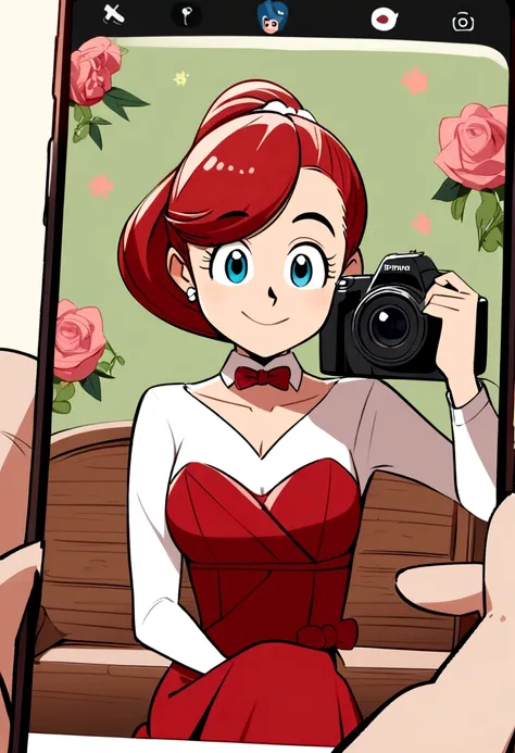 A woman in a red dress ties her hair in a ponytail and a man in a white shirt. Sitting and taking photos at a wedding. A cartoon character in the style of Disney+ pixar,