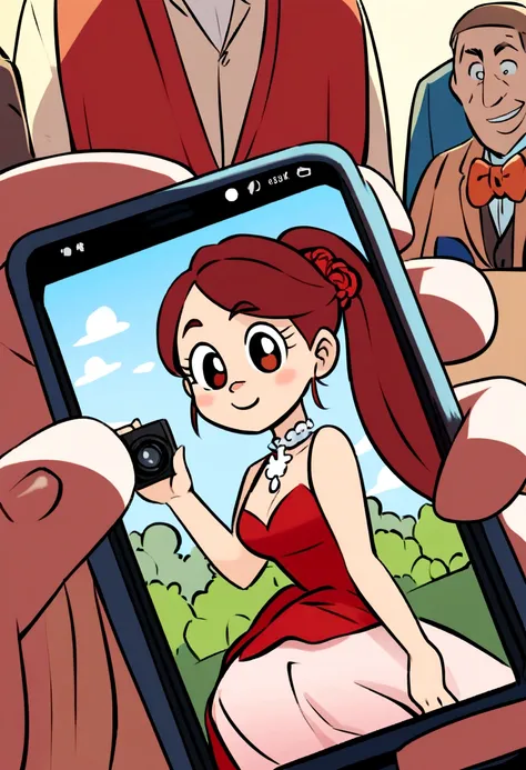 A woman in a red dress ties her hair in a ponytail and a man in a white shirt. Sitting and taking photos at a wedding. A cartoon character in the style of Disney+ pixar,