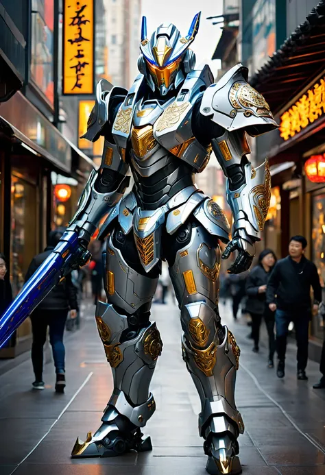 Create an image of a heavily armored warrior piloting a futuristic mecha suit. This mecha suit transforms the warrior into a centaur-like figure, with the upper body encased in sleek, technologically advanced armor and the lower body resembling a powerful,...