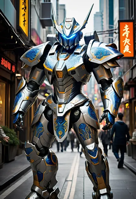 Create an image of a heavily armored warrior piloting a futuristic mecha suit. This mecha suit transforms the warrior into a centaur-like figure, with the upper body encased in sleek, technologically advanced armor and the lower body resembling a powerful,...