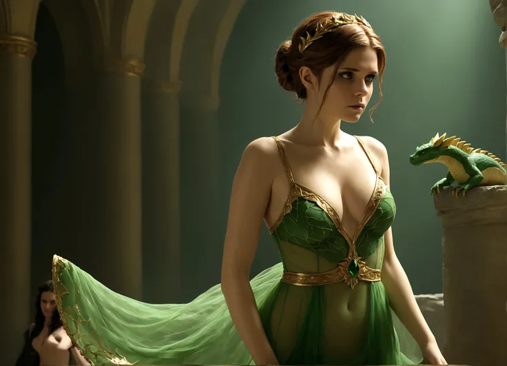 The Damsel in Distress (Kate Mara 25, sheer green dress gold trim, nude underneath) Damsel is flattering the dragon in its lair. Damsel is scratching Dragons head to calm it
