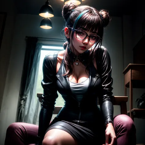 Korean with a lot of style, elegant, punk style, black round glasses, long hair tied in a bun, sitting on a chair in the dark, dynamic point of view, best quality, best color, very realistic, very detailed, dark clothes, character very charismatic