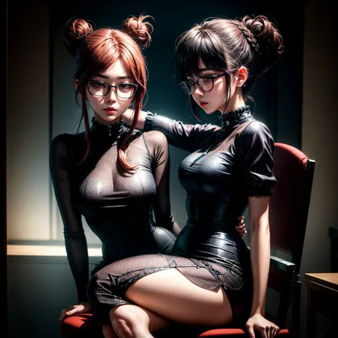 Korean with a lot of style, elegant, punk style, black round glasses, long hair tied in a bun, sitting on a chair in the dark, dynamic point of view, best quality, best color, very realistic, very detailed, dark clothes, character very charismatic