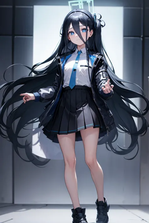 best quality, masterpiece, highres, solo, (arisu_bluearchive:1.10), 1girl, black skirt, blue necktie, collared shirt, long sleev...