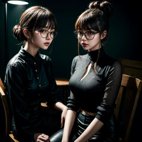 Korean with a lot of style, elegant, punk style, black round glasses, long hair tied in a bun, sitting on a chair in the dark, dynamic point of view, best quality, best color, very realistic, very detailed, dark clothes, character very charismatic