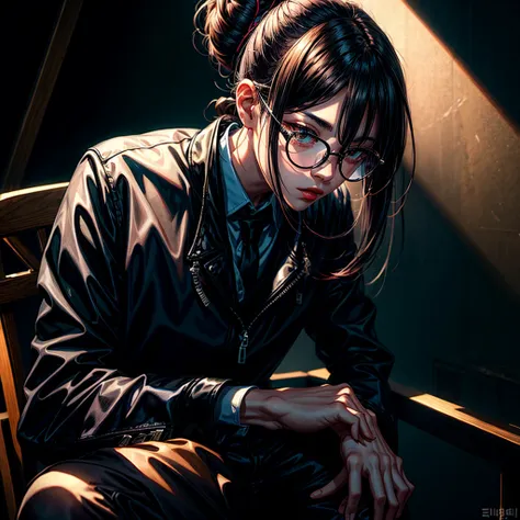 Korean with a lot of style, elegant, punk style, black round glasses, long hair tied in a bun, sitting on a chair in the dark, dynamic point of view, best quality, best color, very realistic, very detailed, dark clothes, character very charismatic