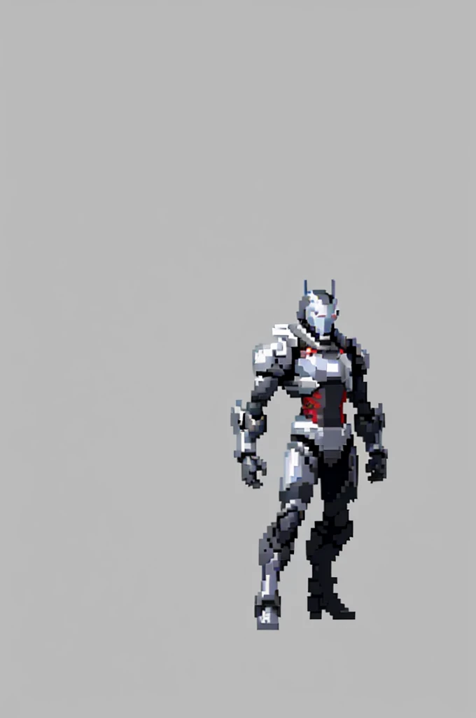 white background, ultra detailed, game protagonist, pixel art, humanoid black and gray slender mecha robot character using a cloak and floating like ironman, from sidescroller game