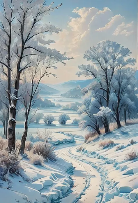 (Masterpiece, Top Quality, Best Quality, Official Art, Beautiful and Aesthetic:1.2), Winter Country Landscapes depict scenes of the countryside in winter, often with snow-covered fields, frozen rivers and barren trees. These paintings have a blue and white...