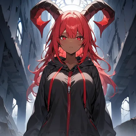 (masterpiece, top quality, best quality, official art, sfw), 1girl, demon, horns, tan skin, light red hair, late 20s, black hoodie pyjamas, big chest, crimson red eyes, inside abandoned tower, upper body, face focused, standing