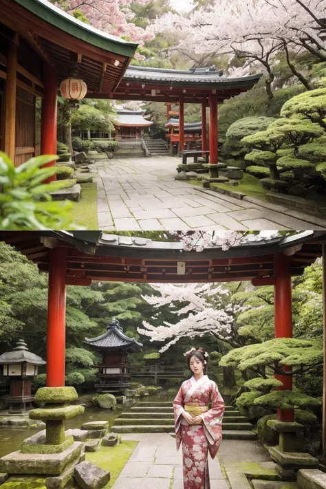 beautiful woman in traditional japanese kimono, elegant and graceful, standing in a tranquil japanese shrine surrounded by lush nature, (best quality,4k,8k,highres,masterpiece:1.2),ultra-detailed,(realistic,photorealistic,photo-realistic:1.37),cinematic li...