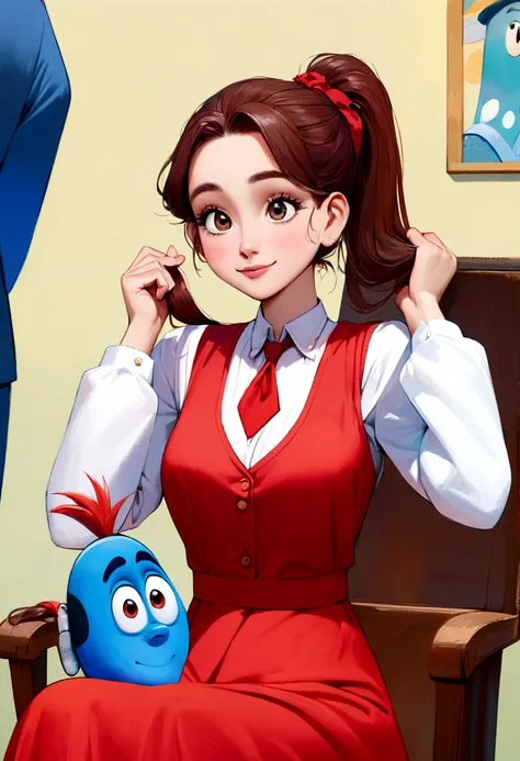 A woman in a red dress ties her hair in a ponytail and a man in a white shirt. Sitting at a wedding A cartoon character in the style of disney+ pixar,