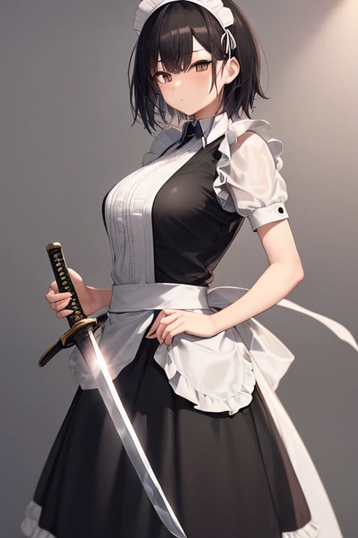 (((Ultra HD))), (((super high quality))), (((detailed))), (((Attention to detail)))
Maid clothes, (((Normal collar, 白と黒のMaid clothes, Short sleeve, Long skirt))), ribbon, Headband, White apron, Classic, Gothic Dress(Fashionable clothes)
Maid clothesを着て剣と盾を...