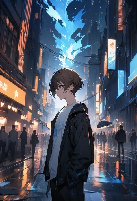 (BEST QUALITY), (MASTERPIECE), illustration, Extremely_detail, 4k wallpaper , midnight, man, black jacket, white T-shirt, black jeans, 18 years old , brown Hair, short hair, black eyes, , blue holographic float on the air, smart, Background of the city