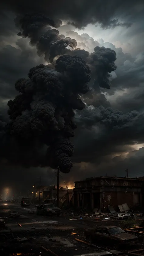 a ruined city, dilapidated buildings, rusted vehicles, debris everywhere, dark cloudy skies, smoke and ash floating in the air, cinematic lighting, muted color palette, dramatic atmosphere, highly detailed, 8k, masterpiece, photorealistic, award-winning di...