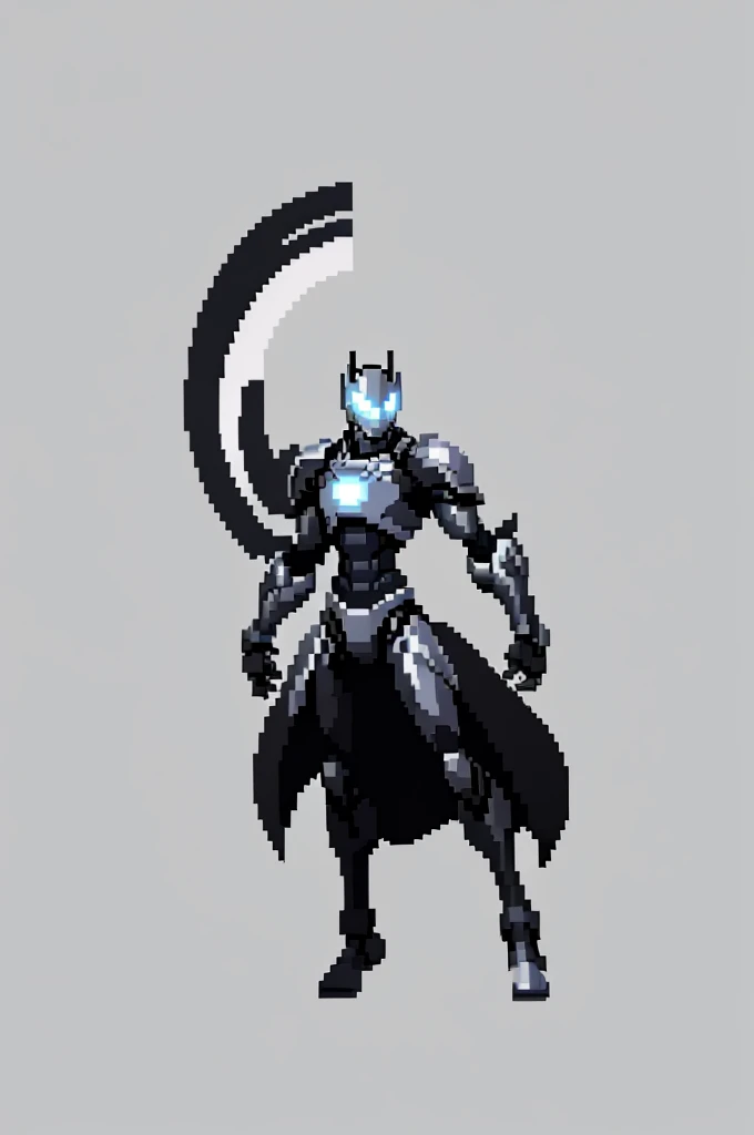 white background, ultra detailed, game protagonist, pixel art, humanoid black and gray slender mecha robot character using a cloak and floating like ironman, from sidescroller game