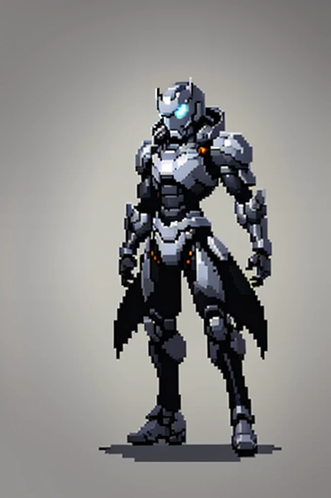 white background, ultra detailed, game protagonist, pixel art, humanoid black and gray slender mecha robot character using a cloak and floating like ironman, from sidescroller game