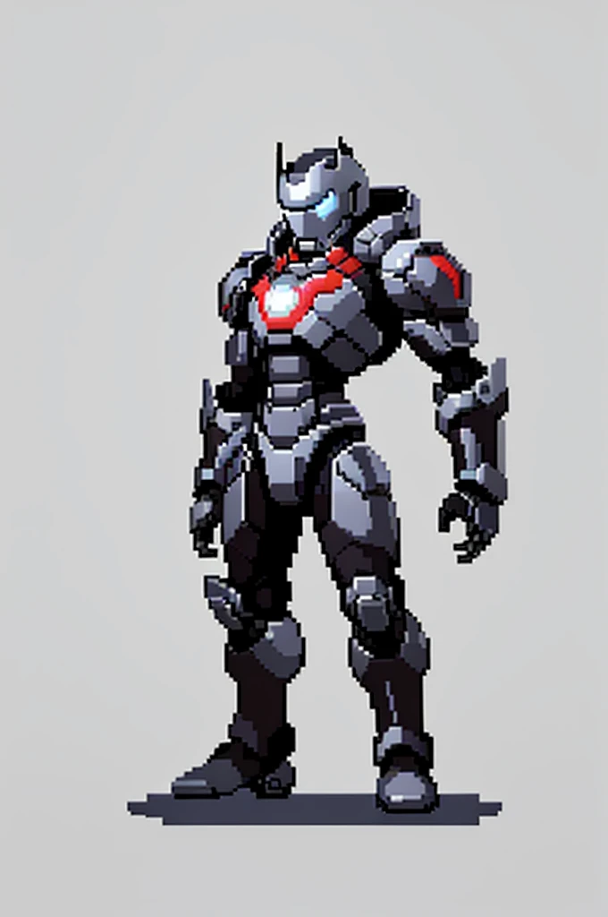 white background, ultra detailed, game protagonist, pixel art, humanoid black and gray slender mecha robot character using a cloak and floating like ironman, from sidescroller game