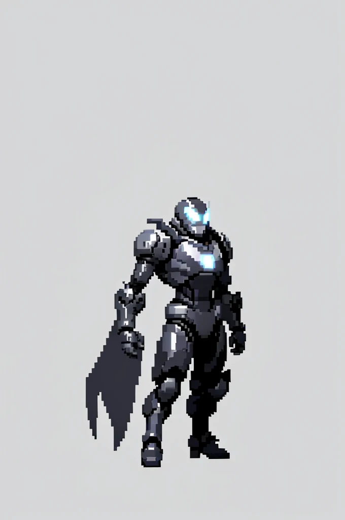 white background, ultra detailed, game protagonist, pixel art, humanoid black and gray slender mecha robot character using a cloak and floating like ironman, from sidescroller game