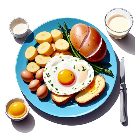 ((best quality)), ((masterpiece)), (detailed), loose water color style, minimalist, create a picture of healthy food on a plate. The food consist of, Eggs, bread, potatoes, glass of milk, meat, chicken meat, some vegetables, against brilliant white backgro...