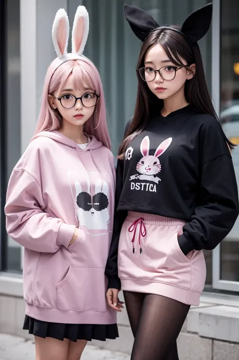 Kizi,,glasses,rabbit ear,cabelo roxo ,black sweatshirt, pink skirt 