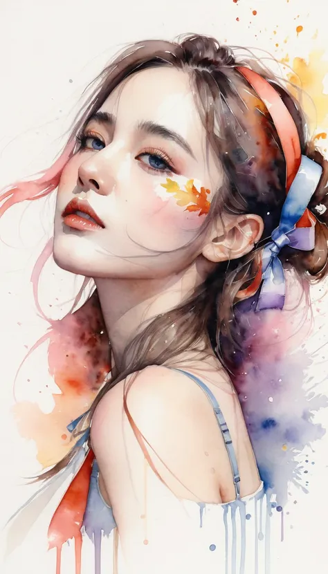 (8k, best quality, masterpiece:1.2),(best quality:1.0), (ultra highres:1.0), watercolor, a beautiful woman, shoulder, hair ribbo...