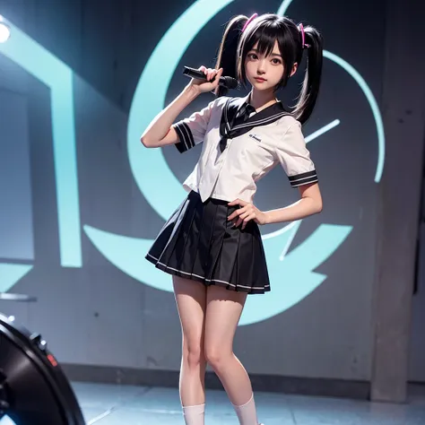 Hatsune Miku Cosplay、Black Hair、Short Hair、The hair is very short、Twintails、I have headphones on、40 years old、Singing on a microphone、Pleated skirt、Sailor suit、tie、flat chest、Realistic photos、Realistic、8K quality、tall、No bangs、Close up on face、The backgrou...