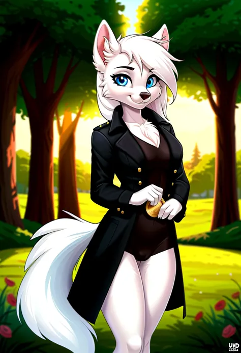 Hairy Women, arctic fox, mammal, Weaver, Weaver-pony, A beautiful furry fox girl is standing in a park posing against, She looks at the audience and smiles, She wears a black trench coat, Background blur, Field of view, sky空, sky, Beautiful blue eyes, Awar...