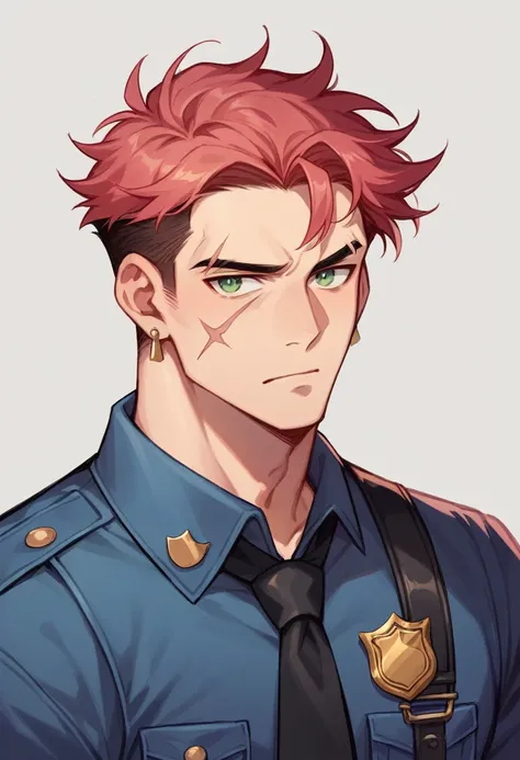 Create the image of a 25-year-old red-haired man with short pink locks and green eyes, has a scar on his eyebrow and wears an earring, he is a police detective 