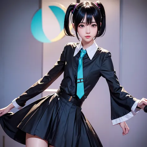 hatsune miku cosplay、black hair、short hair、the hair is very short、twintails、i have headphones on、40 years old、singing on a micro...