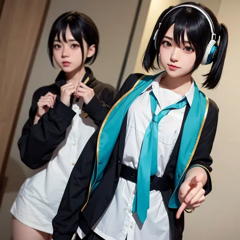 Hatsune Miku Cosplay、Black Hair、Short Hair、The hair is very short、Twintails、I have headphones on、40 years old、Singing on a microphone、tie、flat chest、Realistic photos、Realistic、8K quality、No bangs、The background is simple、very short hair、Full body shot