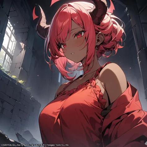 (masterpiece, top quality, best quality, official art, sfw), 1girl, demon, horns, tan skin, light red hair, late 20s, red pyjamas, big chest, red eyes, inside abandoned tower, upper body, face focused, standing